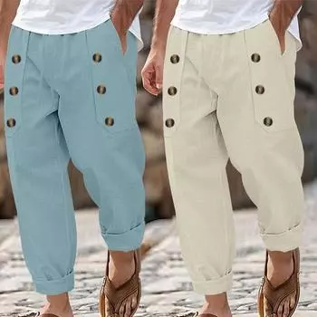 Повседневные мужские брюки Hawaii Beach, повседневные, удобные, свободные брюки из хлопка и льна с множеством пуговиц S белый