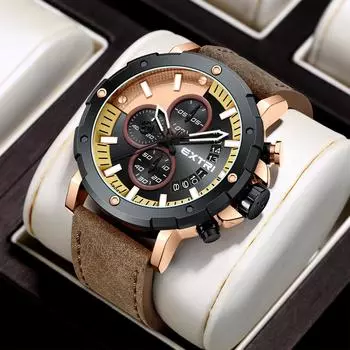 Повседневные мужские часы Стрелки кварцевые мужские часы Военные часы хронограф Водонепроницаемые часы Аналоговые мужские часы Календарь Мужские часы с кожаным ремешком коричневый