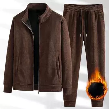 Повседневные мужские осенне-зимние костюмы плюс бархатная толстая вельветовая теплая куртка из двух частей с воротником-стойкой большого размера XXXXL кофейный