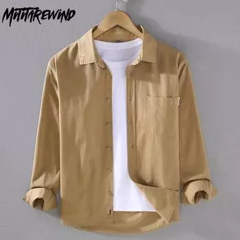 Повседневные мужские рубашки в японском стиле, весна-осень, мужские топы, повседневная однотонная рубашка с отложным воротником, рубашка из чистого хлопка на пуговицах M темные хаки