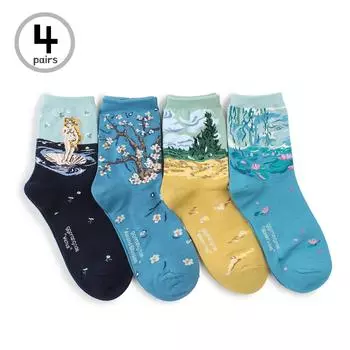 Повседневные носки для экипажа с художественным рисунком (4 пары) Женщины Дети Знаменитая коллекция картин Venus AE14 Women Shoe US 5 ~ 7.5