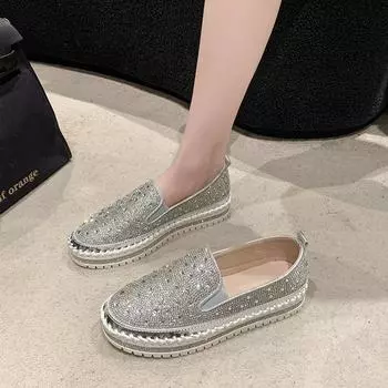 Повседневные одинарные туфли женские 2024 года, новая ретро-мода, темперамент, однопедальные ленивые туфли, нишевый дизайн, стразы, шапочки 35 чёрный