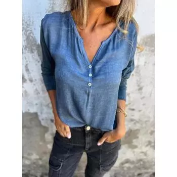 Повседневные однотонные футболки с V-образным вырезом и длинными рукавами для женщин S розовый