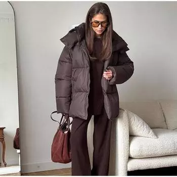 Повседневные однотонные хлопковые пальто с капюшоном, женские городские клетчатые с длинным рукавом, на молнии и пуговицах, женские куртки 2025 года, зимняя женская верхняя одежда S кофейный