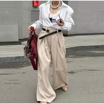 Повседневные однотонные плиссированные широкие брюки женские с высокой талией мешковатые брюки женские 2025 весна-лето новые модные офисные женские брюки S хаки