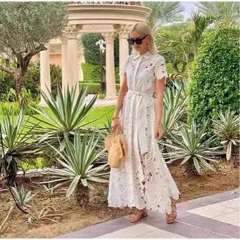 Повседневные однотонные праздничные платья, летнее женское кружевное платье с завязками на лацканах, сексуальное однобортное длинное платье с короткими рукавами S белый