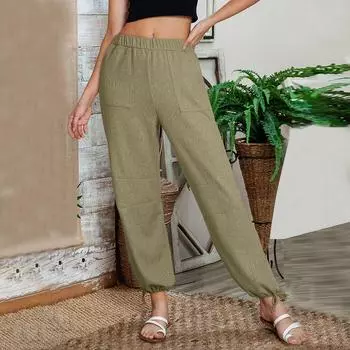 Повседневные однотонные рваные широкие брюки с завязками для женщин L армия зеленый