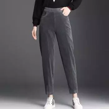 Повседневные однотонные толстые женские брюки осень-зима теплые брюки вельветовые с высокой талией модные офисные женские брюки M чёрный