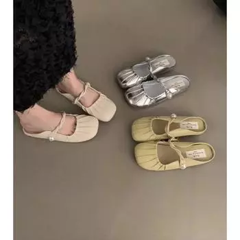 Повседневные однотонные туфли на низком каблуке для женщин 2024 года, новинка, горячая распродажа, летняя женская обувь Baotou, туфли на плоской подошве из резины и искусственной кожи с круглым носком 35 бежевый