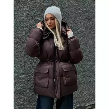 Повседневные однотонные женские пуховики с завязками на талии, модные теплые длинные рукава, большие карманы, толстовки с капюшоном, зимние толстые женские уличные куртки S коричневый