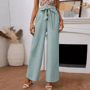Повседневные оливково-зеленые хлопковые льняные однотонные широкие брюки с эластичной резинкой на талии, летние свободные брюки для женщин, Pantalon Femme 25275 S восторг