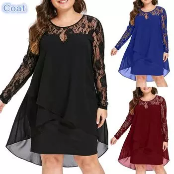 Повседневные платья больших размеров, модное женское платье с кружевным рукавом и высоким низким круглым вырезом L чёрный