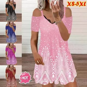 Повседневные платья для женщин. Элегантное кружевное платье с v-образным вырезом и открытыми плечами. Платье с принтом и коротким рукавом. Летнее платье миди. Платья для выпускного вечера. Большие размеры. S чёрный