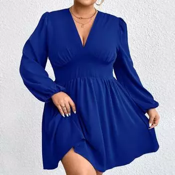 Повседневные платья с длинными рукавами для женщин, однотонное платье, женское платье с глубоким V-образным вырезом, сапфирово-синее платье, свободное платье с высокой талией, модные платья для пригородных поездов XL синий