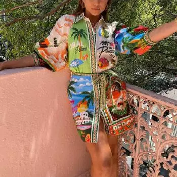 Повседневные платья с длинными рукавами. Растительные и цветочные принты. Платье с отложным воротником. Женская мода. Платье с высокой талией. Рубашка с пуговицами. Платье с завязками. Пляжное платье. S