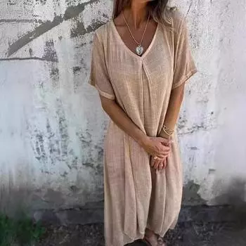 Повседневные платья весна-лето свободного покроя с короткими рукавами и V-образным вырезом из хлопка и льна, однотонные, повседневные платья S розовый