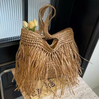 Повседневные плетеные женские сумки через плечо с кисточками, женские сумки с бахромой ручной работы, летняя пляжная большая сумка-тоут, большая сумка для покупок на отпуск 44x1x40cm бежевый