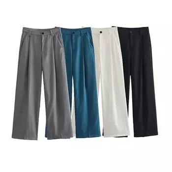 Повседневные плиссированные широкие брюки, женские винтажные брюки с высокой талией и молнией, женские офисные брюки с карманами на пуговицах, длинные брюки Mujer S серый