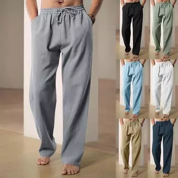 Повседневные пляжные брюки из искусственного льна для мужских свободных повседневных брюк и длинных брюк L чёрный