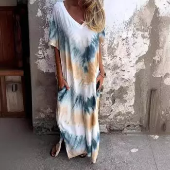 Повседневные пляжные платья макси с принтом тай-дай, женские весенне-летние короткие рукава с v-образным вырезом, длинное платье больших размеров S синий