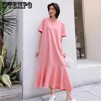 Повседневные пляжные платья Женское вечернее летнее платье с v-образным вырезом с коротким рукавом Свободное длинное платье L жёлтый