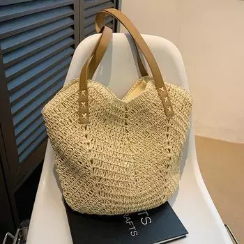Повседневные пляжные сумки большой емкости из соломы ручной работы, женская сумка через плечо большой емкости, летние дорожные сумки для шоппинга 26x1x35cm бежевый
