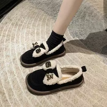 Повседневные плюшевые туфли из хлопка на плоской подошве 2024 года, осень-зима, новые туфли из хлопка с бантом, женские вулканизированные туфли 35 верблюд