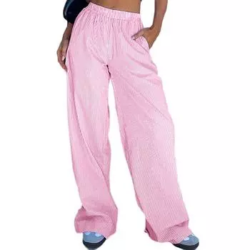 Повседневные полосатые брюки для женщин, однотонные свободные брюки-палаццо, летние эластичные брюки с высокой талией, модные брюки для работы, отпуска, дышащие легкие узкие брюки XS