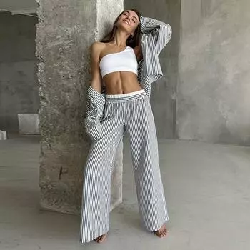 Повседневные полосатые брюки, женские рубашки с длинными рукавами и лацканами, свободные брюки с эластичной резинкой на талии, мягкие спальные костюмы для весенних леди S