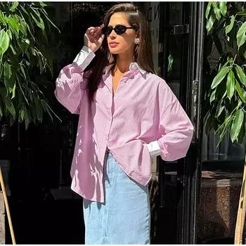 Повседневные полосатые рубашки с длинным рукавом женские винтажные свободные однобортные рубашки большого размера с лацканами женские модные универсальные повседневные топы S розовый