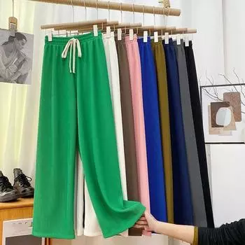 Повседневные полосатые широкие брюки, прямые брюки, женские брюки с высокой талией и шнуровкой, брюки