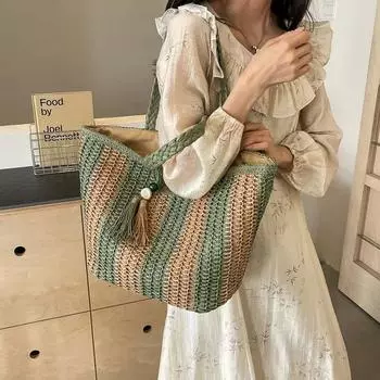 Повседневные полосатые соломенные сумки через плечо с кисточками на молнии большой емкости Grace летние сумки-тоут для женщин универсальные