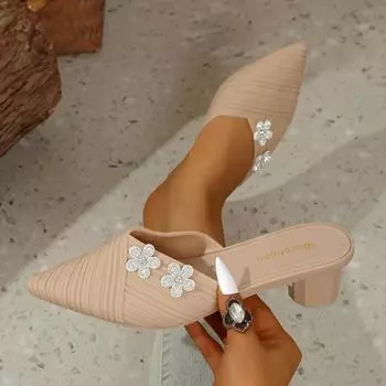 Повседневные полушлепанцы, Женская летняя мода, Взрослый острый толстый каблук, Крутые шлепанцы, Крутые шлепки 36 бежевый