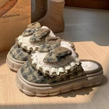 Повседневные полутапочки Baotou женские 2024 новые зимние модные кожаные кроссовки с бантом на танкетке женские домашние тапочки на платформе 36-37 зелёный