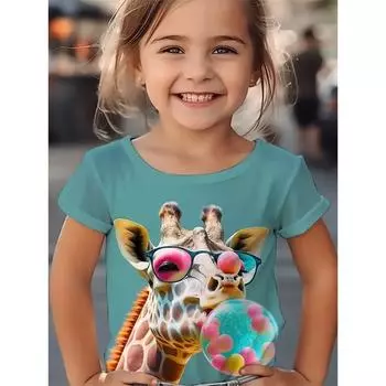 Повседневные повседневные 3D-принты с изображением животных жирафов, модные забавные футболки для девочек, летние топы с короткими рукавами, повседневные футболки, одежда для девочек 110