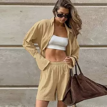 Повседневные простые хлопковые шорты цвета хаки, однобортные рубашки с длинным рукавом и лацканами, комплект из двух предметов с широкими шортами S хаки