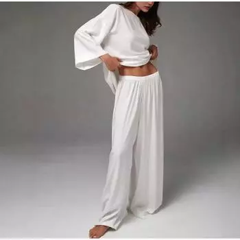 Повседневные простые комплекты брюк для женщин, однотонная свободная футболка с открытыми плечами, широкие брюки, комплект из двух предметов для женщин, весна-осень 2025, новые домашние костюмы S хаки