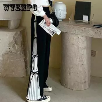 Повседневные прямые брюки для полных девушек, весенне-осенние свободные и тонкие, повседневные прямые брюки большого размера, 200 кг, плиссированные широкие женские брюки на шнуровке M чёрный