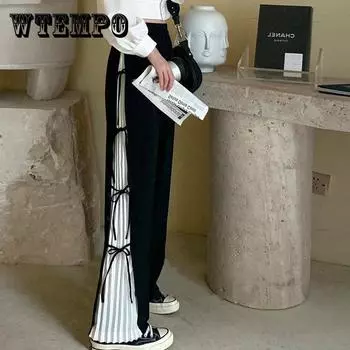 Повседневные прямые брюки для полных девушек, весенне-осенние свободные и тонкие, повседневные прямые брюки большого размера, 200 кг, плиссированные широкие женские брюки на шнуровке M чёрный