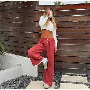 Повседневные прямые брюки из кружева в клетку, женские, ретро, красные, свободные, широкие, с высокой талией, длинные брюки, женские, весна-осень 2025 года, универсальные повседневные брюки S оранжевый