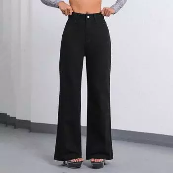 Повседневные прямые джинсы с высокой талией, черные выбеленные брюки длиной до пола L синий