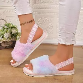 Повседневные пушистые тапочки женские домашние тапочки на плоской подошве из хлопка теплые толстые открытые носки рыбий рот противоскользящее кольцо для ног эластичная лента плюшевые хлопковые туфли 36-37 разноцветный