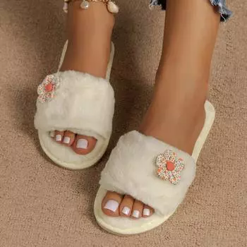 Повседневные пушистые тапочки женские домашние туфли на плоской подошве элегантные дизайнерские туфли для девочек новые модные хлопковые шлепанцы с открытым носком на платформе домашние тапочки больших размеров 36-37 бежевый