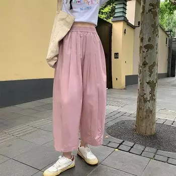 Повседневные рабочие брюки-карго из хлопка для женщин, летние, с высокой талией, свободные прямые брюки-карго из хлопка, однотонные широкие брюки-баллоны one size