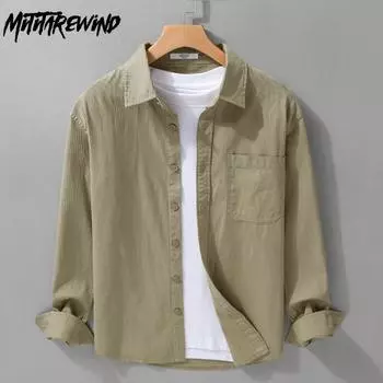 Повседневные рубашки для мужчин в стиле ретро с длинным рукавом, однотонная рубашка из чистого хлопка с отложным воротником и карманом M белый