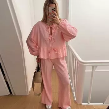 Повседневные рубашки на шнуровке, комплекты брюк, женские белые свободные блузки с круглым вырезом и длинными рукавами, эластичные брюки с высокой талией, женская одежда S белый