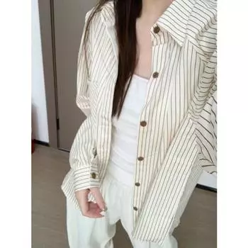 Повседневные рубашки с длинным рукавом в полоску для женщин, весенние модные топы, темпераментные элегантные свободные блузки для женщин, однобортные, облегающие, женские офисные рубашки 2988 One size