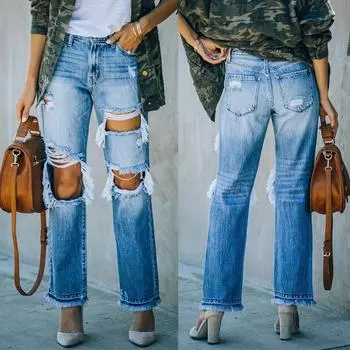 Повседневные рваные прямые эластичные джинсы S синий