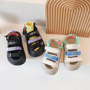 Повседневные сандалии для мальчиков 2024 года, новые детские туфли с мягкой подошвой и закрытыми носками, нескользящие пляжные туфли на липучках, износостойкие, грязезащитные 26 бежевый