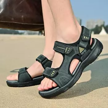 Повседневные сандалии из коровьей кожи для отдыха на открытом воздухе, модные мужские сандалии для подростков и студентов, нескользящие летние пляжные туфли с открытым носком 38 чёрный